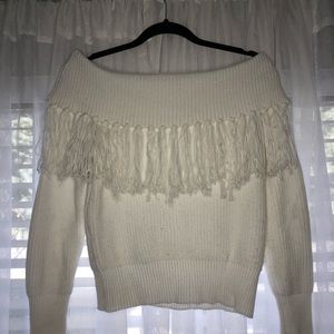 White Fringe Off the Shoulder Sweater